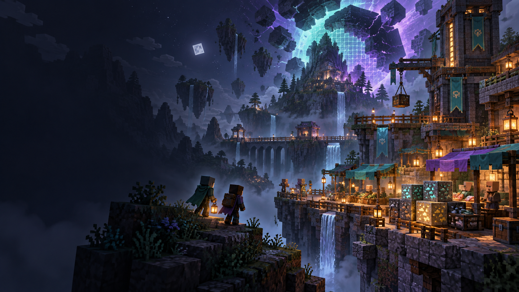 BASED-Konzeptillustration: leuchtender Systembruch über einer Minecraft-inspirierten Landschaft